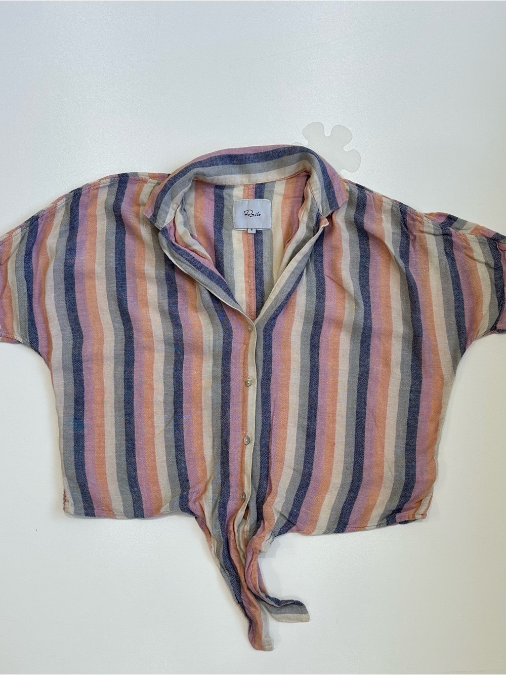 Rails Marley Top Mandalay Stripe Women Size S Button Down Tie Front Linen Rayon - Picture 7 of 11